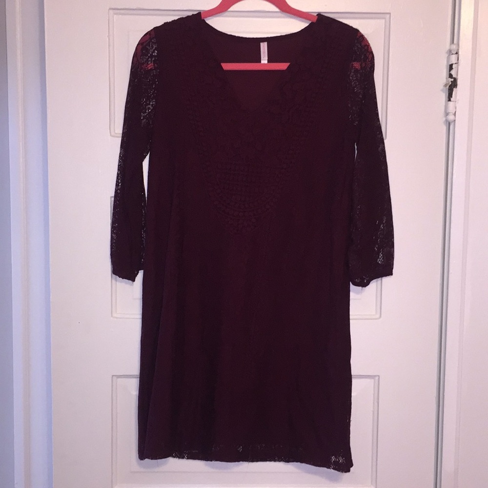 Maroon dress with sheer sleeves